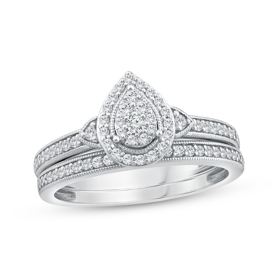 Multi-Diamond Pear-Shape Milgrain Bridal Set 1/3 ct tw 10K White Gold