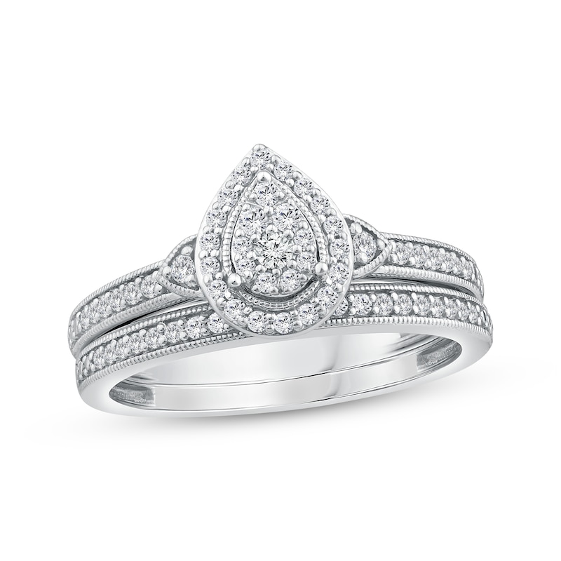 Main Image 1 of Multi-Diamond Pear-Shape Milgrain Bridal Set 1/3 ct tw 10K White Gold