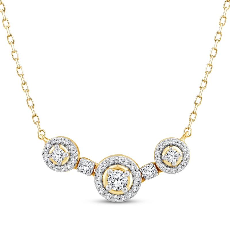 Main Image 1 of Memories, Moments, Magic Diamond Three-Stone Halo Necklace 1/4 ct tw 10K Yellow Gold 18.75&quot;