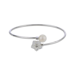 Cultured Pearl, White Lab-Created Sapphire & Mother-of-Pearl Flower Flex Bangle Bracelet Sterling Silver 7.5&quot;