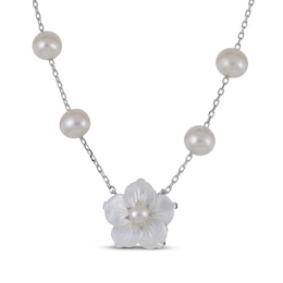 White Lab-Created Sapphire, Mother-of-Pearl Flower & Cultured Pearl Station Necklace Sterling Silver 18&quot;