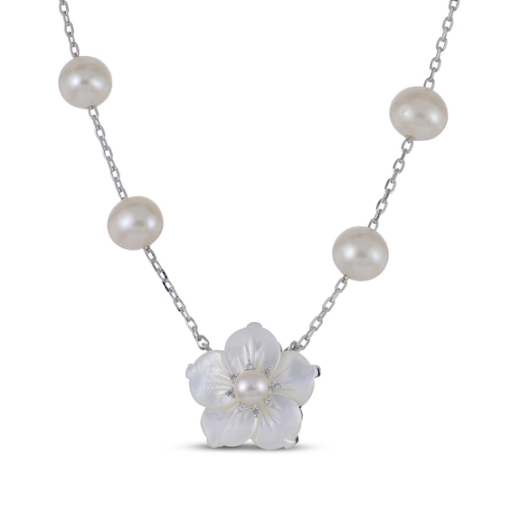 White Lab-Created Sapphire, Mother-of-Pearl Flower & Cultured Pearl Station Necklace Sterling Silver 18"