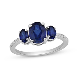 Memories Moments Magic Oval-Cut Blue Lab-Created Sapphire & Diamond Three-Stone Ring 1/20 ct tw Sterling Silver