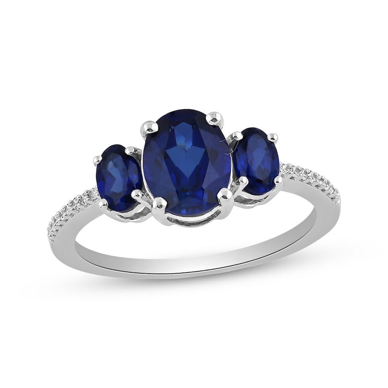 Main Image 1 of Memories Moments Magic Oval-Cut Blue Lab-Created Sapphire & Diamond Three-Stone Ring 1/20 ct tw Sterling Silver