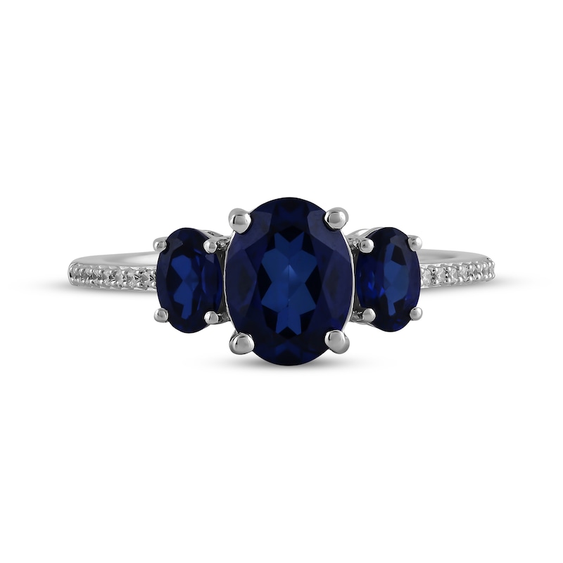 Main Image 3 of Memories Moments Magic Oval-Cut Blue Lab-Created Sapphire & Diamond Three-Stone Ring 1/20 ct tw Sterling Silver