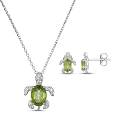 Oval-Cut Peridot & White Lab-Created Sapphire Turtle Necklace & Earrings Gift Set Sterling Silver