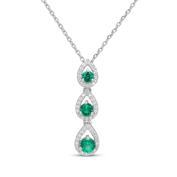 Memories Moments Magic Lab-Created Emerald & Diamond Three-Stone Necklace 1/6 ct tw Sterling Silver 18"