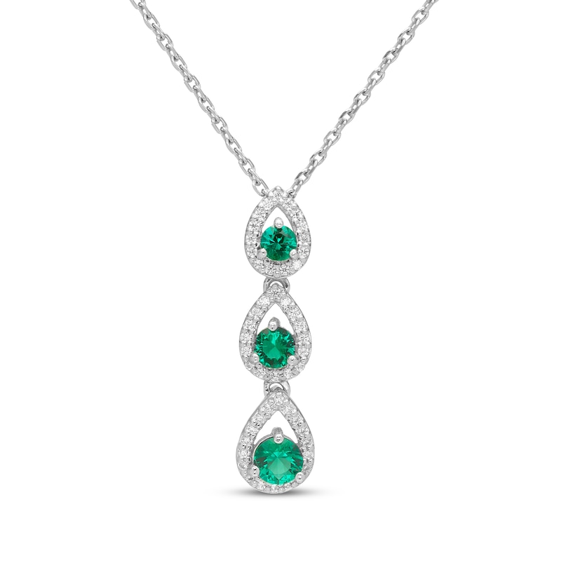 Main Image 1 of Memories Moments Magic Lab-Created Emerald & Diamond Three-Stone Necklace 1/6 ct tw Sterling Silver 18&quot;