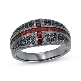 Men's Square-Cut Mozambique Garnet & Black Lab-Created Sapphire Ring Gunmetal Gray Sterling Silver