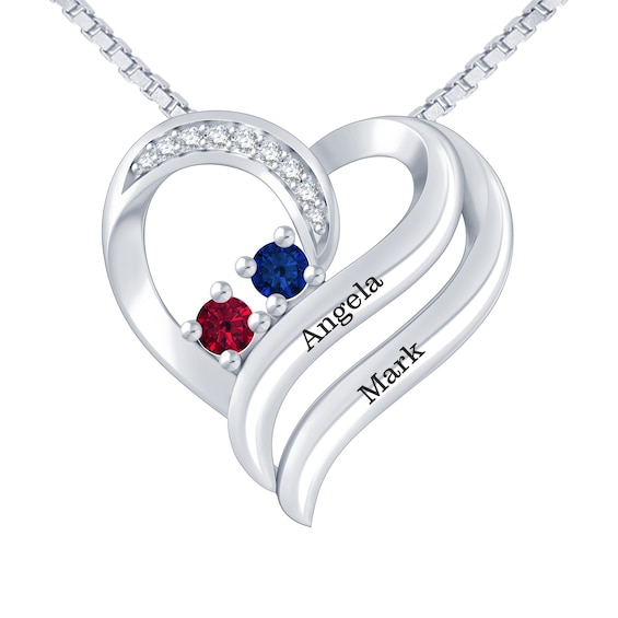 Couple's Birthstone Double Heart Necklace 1/20 ct tw Diamonds (2 Stones and Lines)