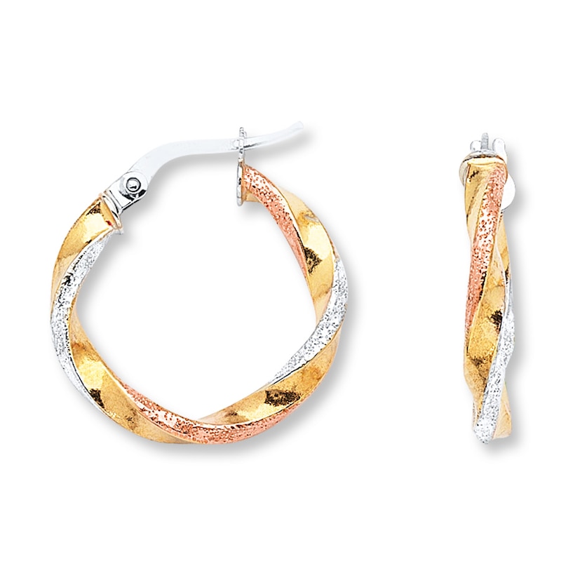 Twisted Tri-Tone Gold Hoop Earrings - Satin Finish