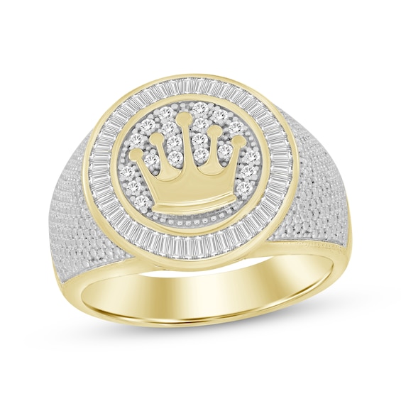 Men’s Round & Baguette-Cut Diamond Crown Signet Ring 1/2 ct tw 10K Yellow Gold