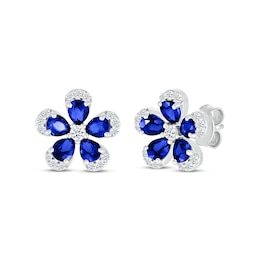 Pear-Shaped Blue Lab-Created Sapphire & White Lab-Created Sapphire Flower Earrings Sterling Silver