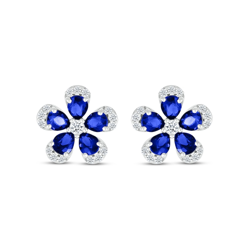 Main Image 2 of Pear-Shaped Blue Lab-Created Sapphire & White Lab-Created Sapphire Flower Earrings Sterling Silver