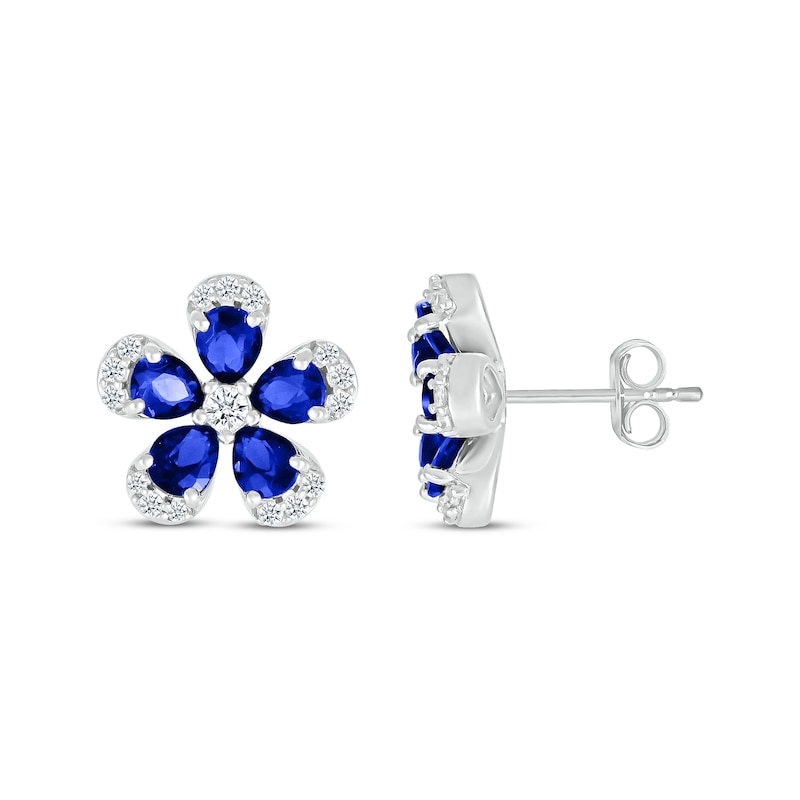 Main Image 3 of Pear-Shaped Blue Lab-Created Sapphire & White Lab-Created Sapphire Flower Earrings Sterling Silver