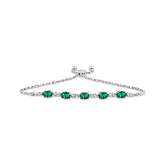 Oval-Cut Lab-Created Emerald & White Lab-Created Sapphire Bolo Bracelet Sterling Silver