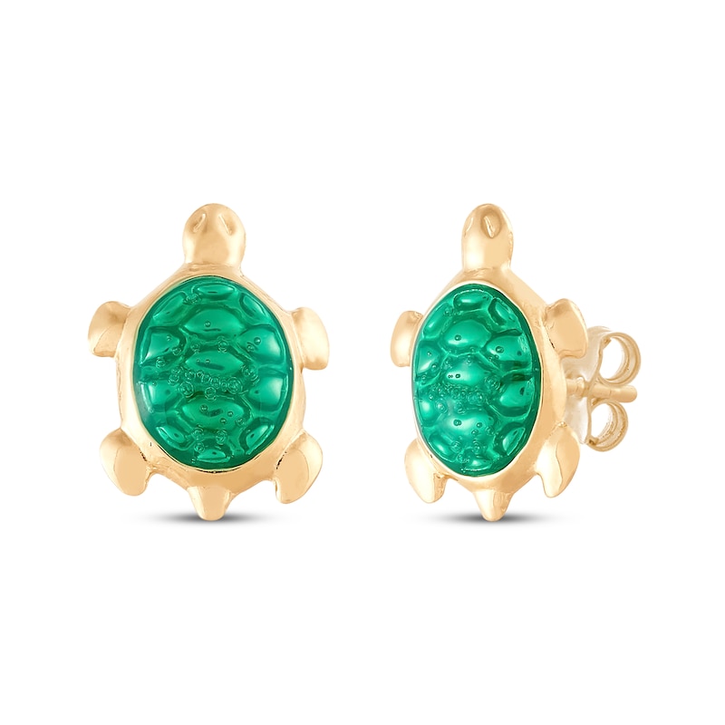 Children's Green Enamel Turtle Stud Earrings 14K Yellow Gold