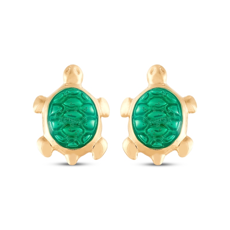 Children's Green Enamel Turtle Stud Earrings 14K Yellow Gold