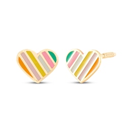 Children's Striped Enamel Heart Stud Earrings 14K Yellow Gold