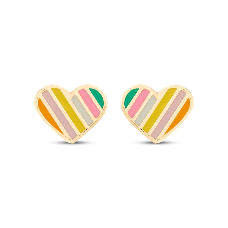 Main Image 2 of Children's Striped Enamel Heart Stud Earrings 14K Yellow Gold