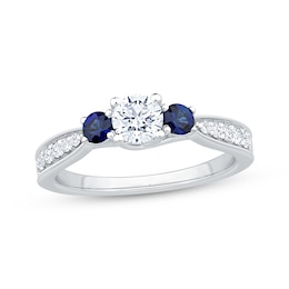 Memories Moments Magic Round-Cut Diamond & Blue Sapphire Three-Stone Engagement Ring 5/8 ct tw 14K White Gold