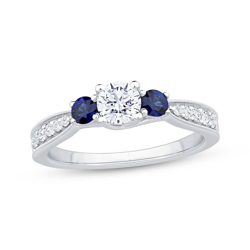 Main Image 1 of Memories Moments Magic Round-Cut Diamond & Blue Sapphire Three-Stone Engagement Ring 5/8 ct tw 14K White Gold