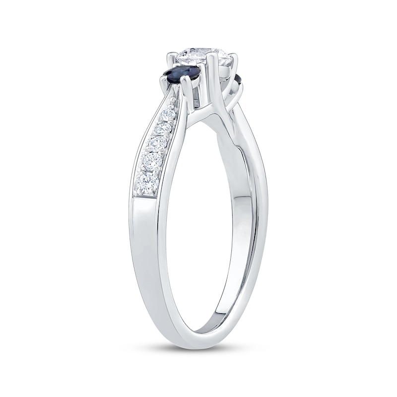 Main Image 2 of Memories Moments Magic Round-Cut Diamond & Blue Sapphire Three-Stone Engagement Ring 5/8 ct tw 14K White Gold