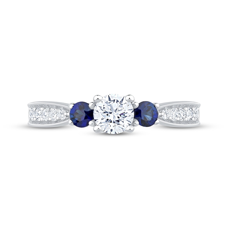 Main Image 3 of Memories Moments Magic Round-Cut Diamond & Blue Sapphire Three-Stone Engagement Ring 5/8 ct tw 14K White Gold