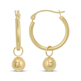 Round Hoop Earrings with Ball Dangles 14K Yellow Gold