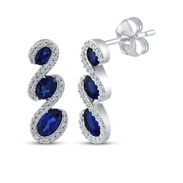 Memories Moments Magic Oval-Cut Blue Lab-Created Sapphire & Diamond Three-Stone Earrings 1/4 ct tw Sterling Silver