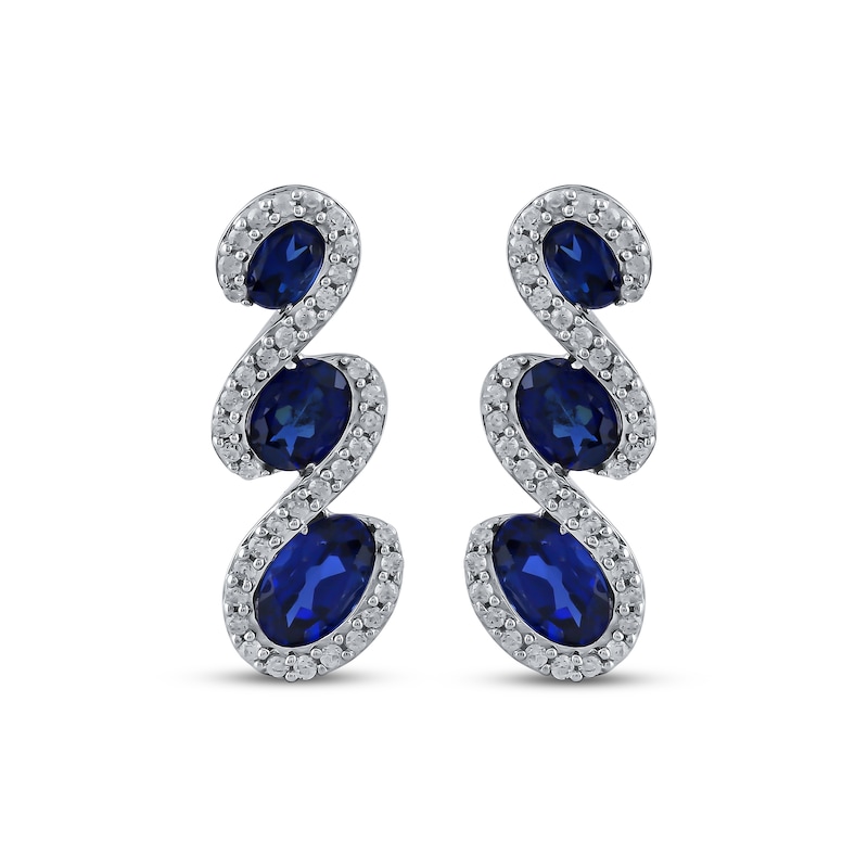 Main Image 2 of Memories Moments Magic Oval-Cut Blue Lab-Created Sapphire & Diamond Three-Stone Earrings 1/4 ct tw Sterling Silver