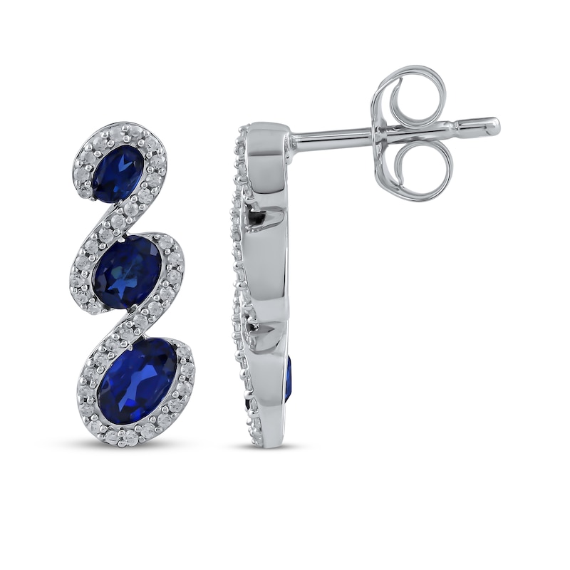 Main Image 3 of Memories Moments Magic Oval-Cut Blue Lab-Created Sapphire & Diamond Three-Stone Earrings 1/4 ct tw Sterling Silver