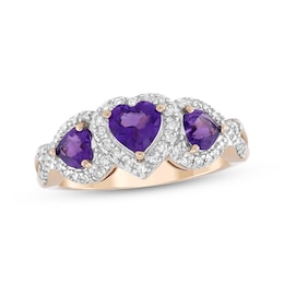 Heart-Shaped Amethyst & Diamond Three-Stone Ring 1/5 ct tw 10K Rose Gold