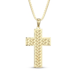 Men's Herringbone Textured Cross Necklace 18K Yellow Gold-Plated Sterling Silver 22&quot;