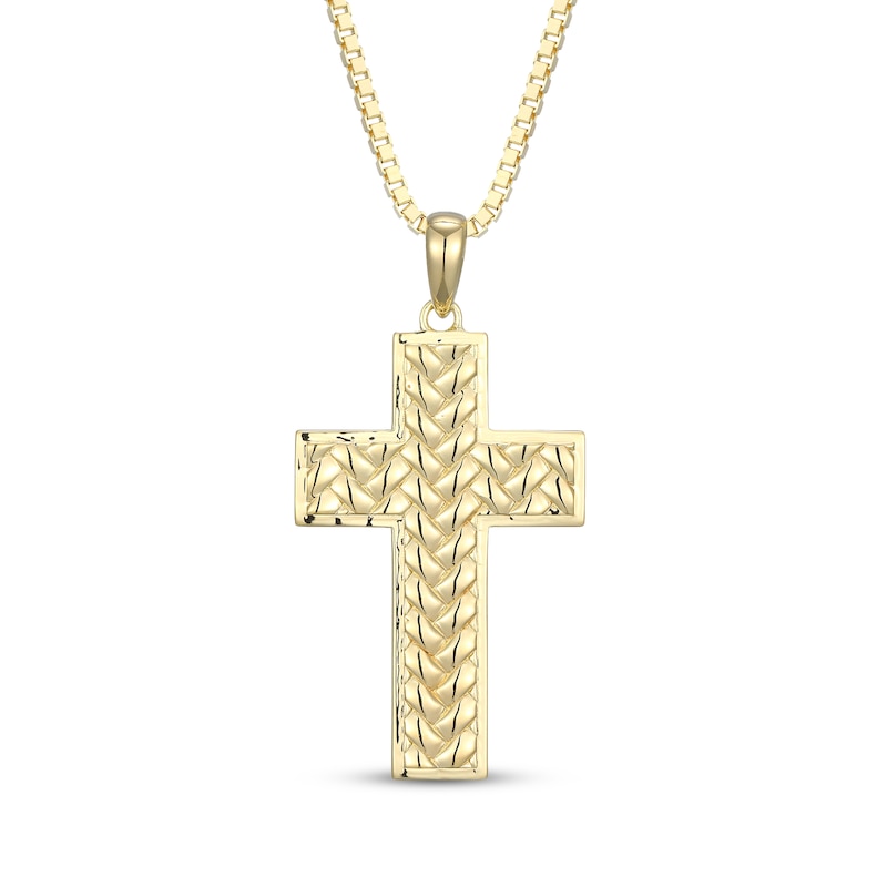 Main Image 1 of Men's Herringbone Textured Cross Necklace 18K Yellow Gold-Plated Sterling Silver 22&quot;