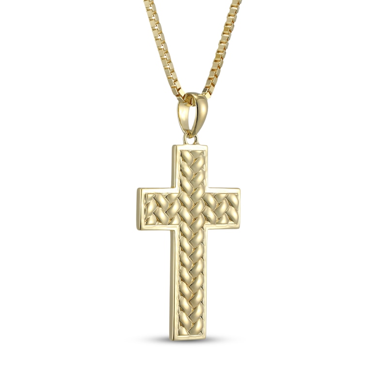 Main Image 2 of Men's Herringbone Textured Cross Necklace 18K Yellow Gold-Plated Sterling Silver 22&quot;