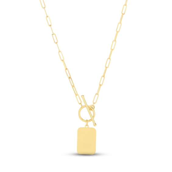 Dog Tag Paperclip Toggle Necklace 14K Yellow Gold 18"