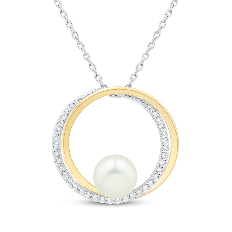 Main Image 1 of Cultured Pearl & White Lab-Created Sapphire Circle Necklace Sterling Silver & 10K Yellow Gold 18&quot;