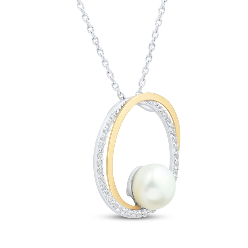 Main Image 2 of Cultured Pearl & White Lab-Created Sapphire Circle Necklace Sterling Silver & 10K Yellow Gold 18&quot;