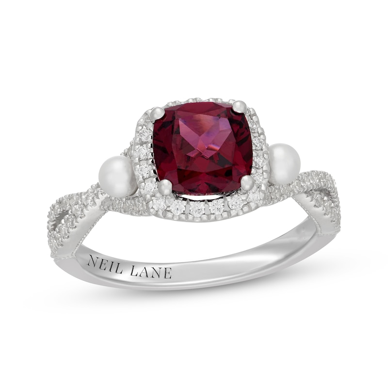 Main Image 1 of Neil Lane Cushion-Cut Rhodolite Garnet, Diamond & Cultured Akoya Pearl Engagement Ring 3/8 ct tw 14K White Gold