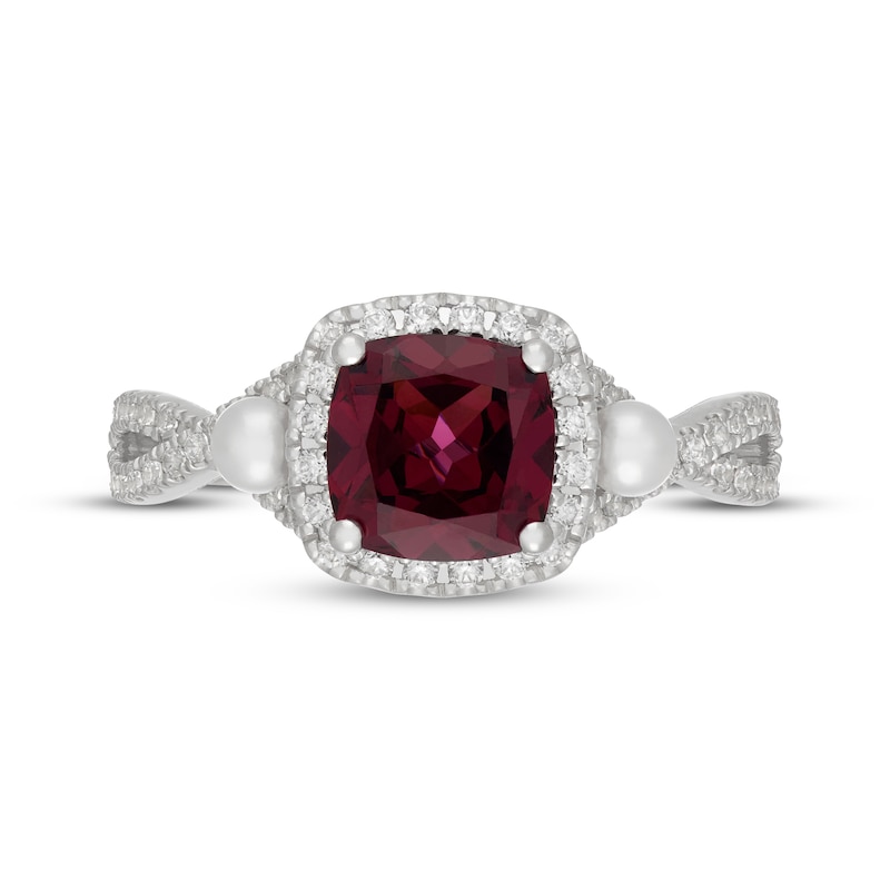 Main Image 3 of Neil Lane Cushion-Cut Rhodolite Garnet, Diamond & Cultured Akoya Pearl Engagement Ring 3/8 ct tw 14K White Gold