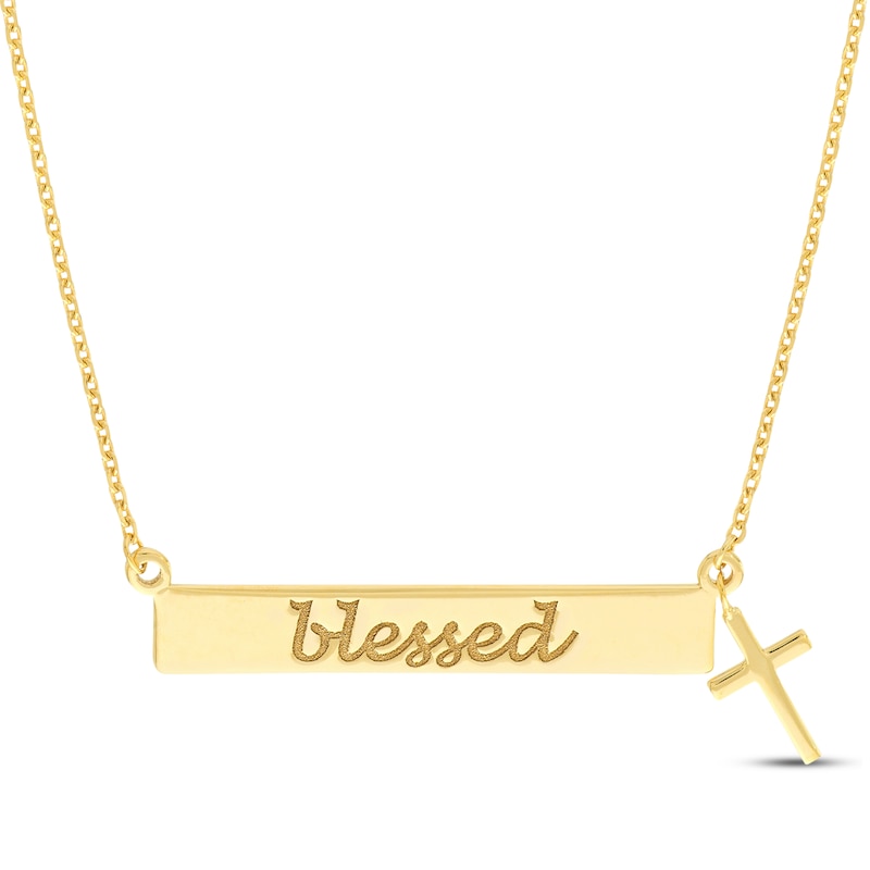 Main Image 1 of &quot;Blessed&quot; Bar & Cross Dangle Necklace 14K Yellow Gold 16&quot;