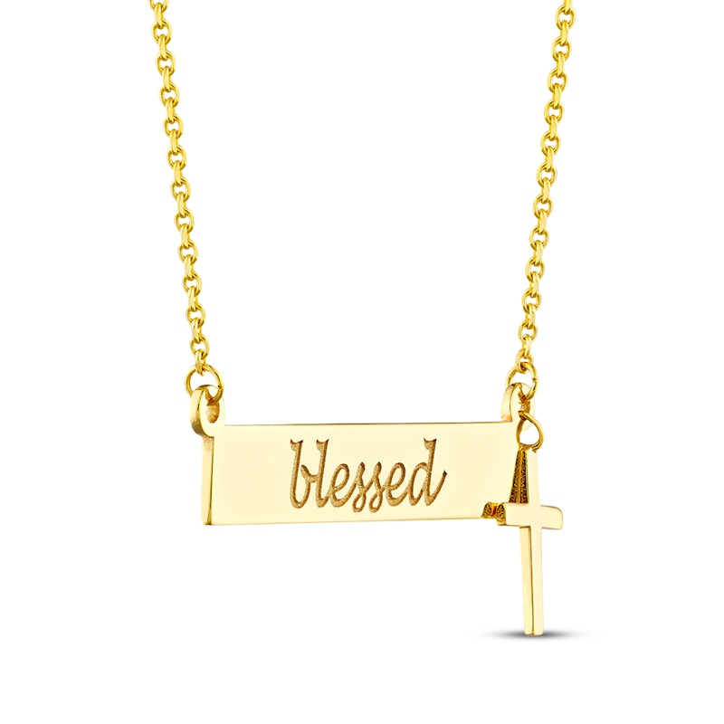 Main Image 2 of &quot;Blessed&quot; Bar & Cross Dangle Necklace 14K Yellow Gold 16&quot;