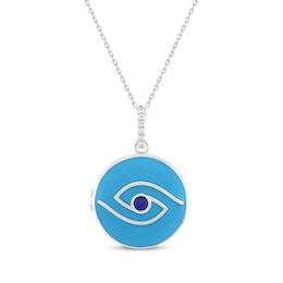 Blue Lab-Created Sapphire & Enamel Evil Eye Locket Necklace Sterling Silver 18&quot;