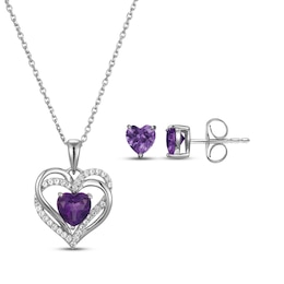 Heart-Shaped Amethyst & White Lab-Created Sapphire Necklace & Earrings Gift Set Sterling Silver