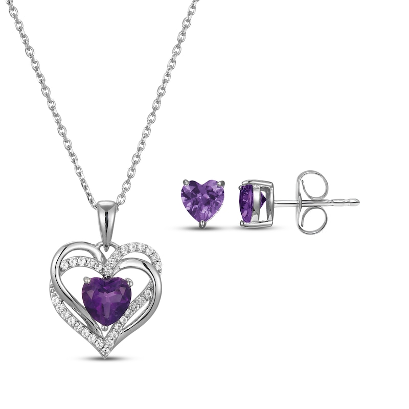 Main Image 1 of Heart-Shaped Amethyst & White Lab-Created Sapphire Necklace & Earrings Gift Set Sterling Silver