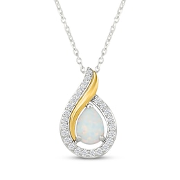 Pear-Shaped Lab-Created Opal & White Lab-Created Sapphire Flame Necklace Sterling Silver & 10K Yellow Gold 18&quot;