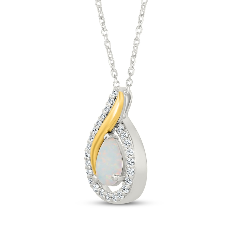 Main Image 2 of Pear-Shaped Lab-Created Opal & White Lab-Created Sapphire Flame Necklace Sterling Silver & 10K Yellow Gold 18&quot;