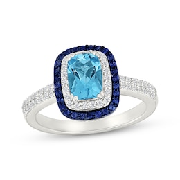 Cushion-Cut Swiss Blue Topaz, Blue & White Lab-Created Sapphire Ring Sterling Silver