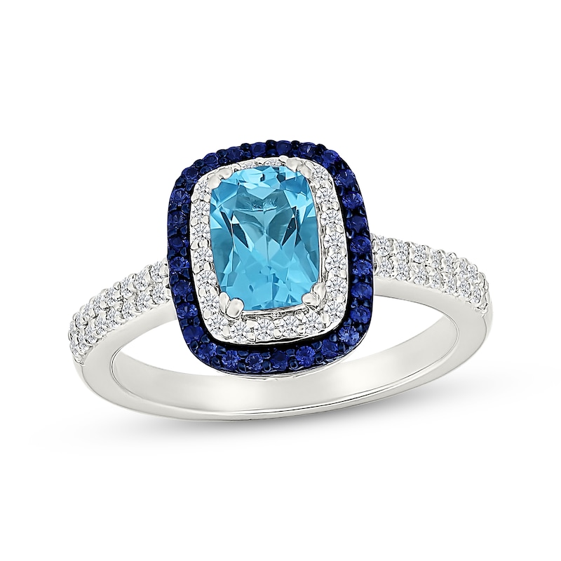 Main Image 1 of Cushion-Cut Swiss Blue Topaz, Blue & White Lab-Created Sapphire Ring Sterling Silver